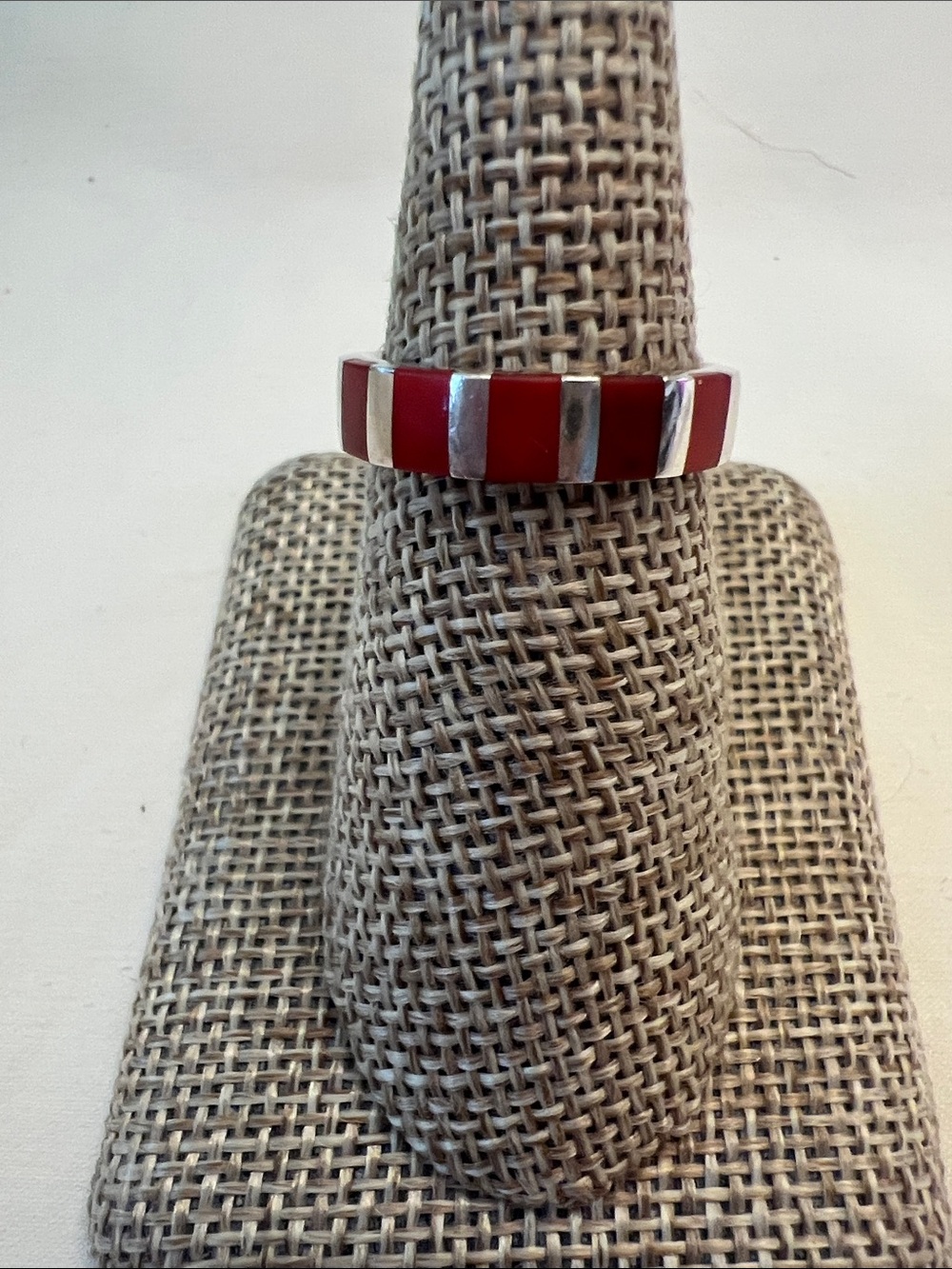 Sterling Silver red coral Inlay  Band Ring  size 7- Women's Ring